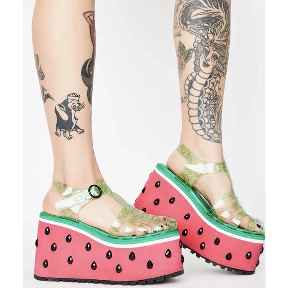 Sugar Thrillz Platform Jelly Shoes 9M WaterMelon Buckle 4.5" Slip Pon Jeweled - Picture 1 of 14